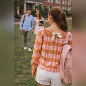 J.Crew Plaid Peasant Blouse XS Orange Pink Cotton Tie Back Boho Preppy Top